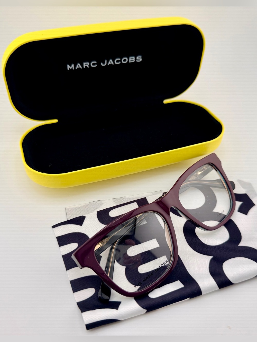Marc Jacobs Plum Square Glasses with Yellow Branded Case
